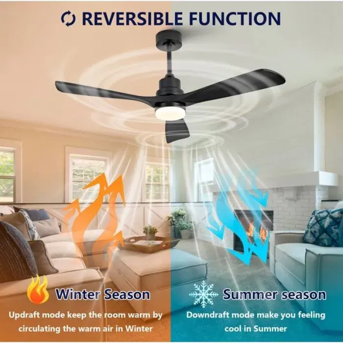Lustre ventilateur LED 52 pouces noir 3 pales bois télécommande 6 vitesses — coloris Noire
