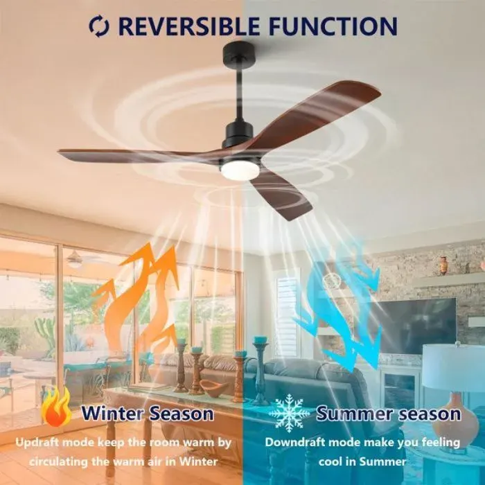 Lustre ventilateur LED 60’’ en bois massif ventilateur réversible 6 vitesses commande à distance finition noir et noyer fon