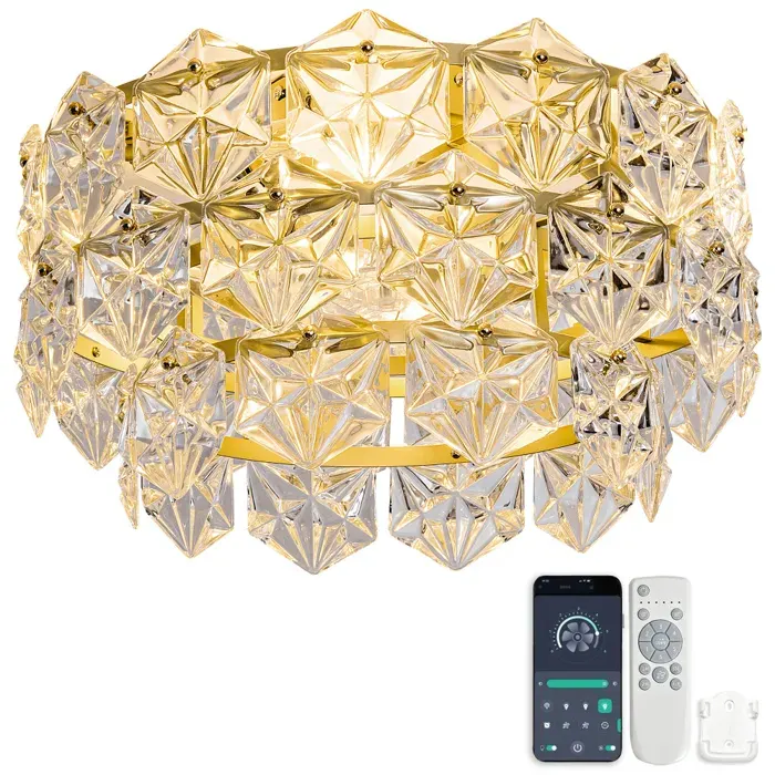 Lustre ventilateur plafonnier en cristal diamant moteur silencieux 6 vitesses télécommande et application double sens été/hiver