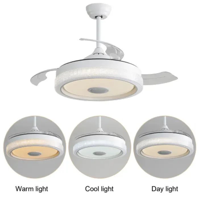 Lustre ventilateur rétractable invisible 107cm 3 pales ABS solides moteur DC réversible avec commande à distance