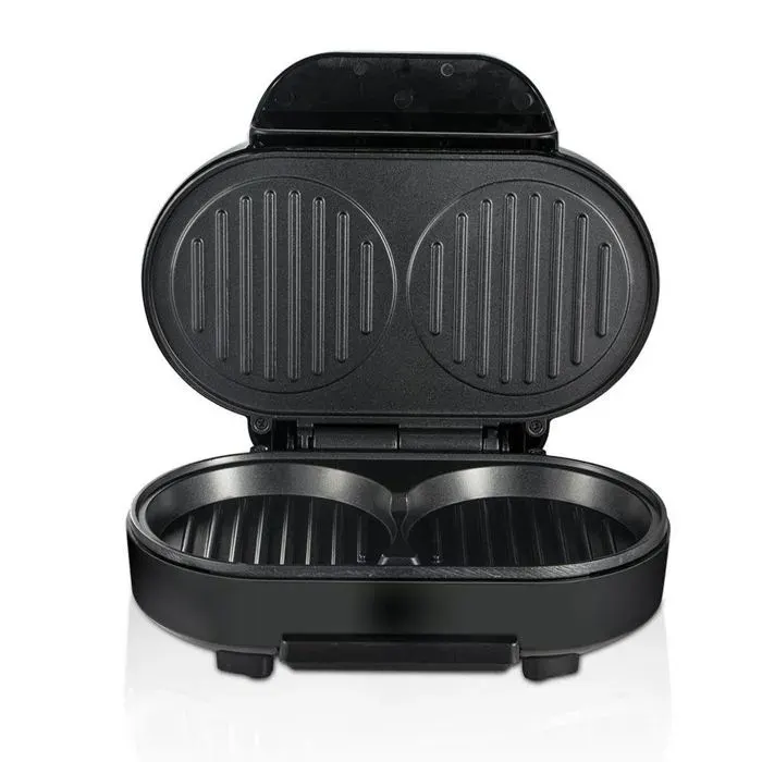 Machine à Burgers 1000W Gaufrier Double Face Plaques Antiadhésives Appareil à Croque-monsieur Petit-Déjeuner Rapide Noir et Argent