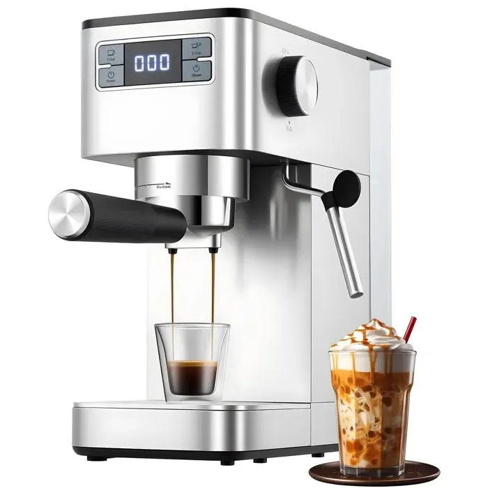 Machine à café 1.25L porte-filtre 20 bars avec mousseur à lait pour expresso cappuccino et latte machine à expresso compacte