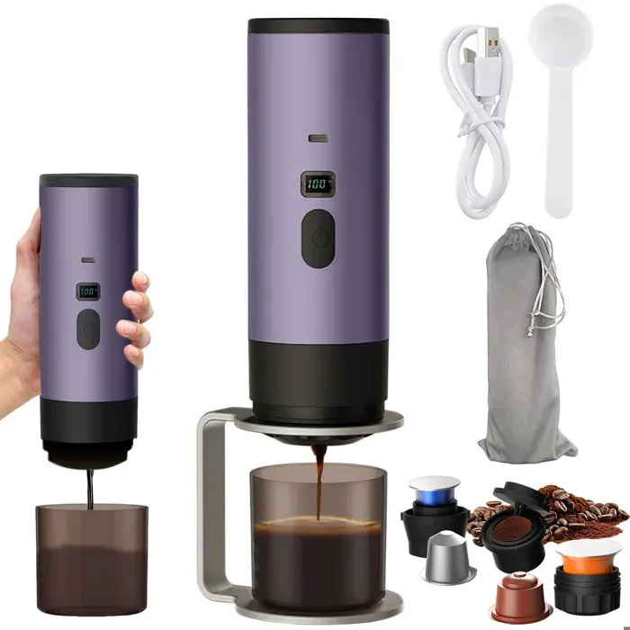Machine à café à capsules portable 3 en 1 - Avec support - 15 bar - 90ml - Rechargeable 7800mAh -Auto Chauffage 4 à 6 Min
