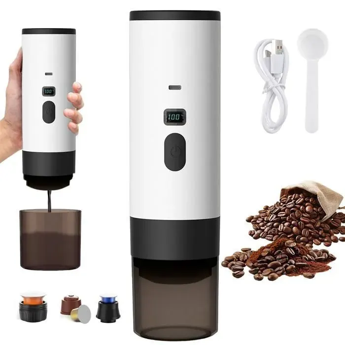 Machine à café à capsules portable - Cafetière portable 3 en 1 - 15 bars - Petites capsule - Grandes capsule - Café moulu - Blanc