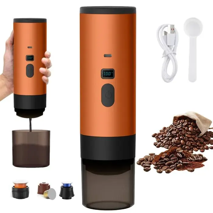 Machine à café à capsules portable sans fil - 3 en 1 - 15 bar - 90ml - Rechargeable 7500 mAh - Auto Chauffage en 4 à 6 Min - Orange