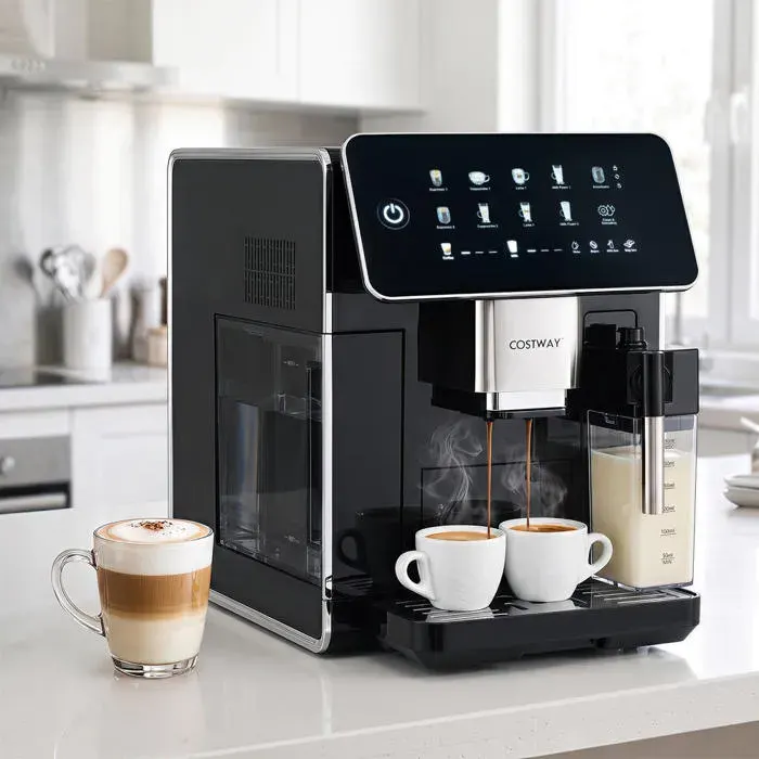 Machine à café automatique compacte avec broyeur réglable 15 niveaux et réservoir à lait