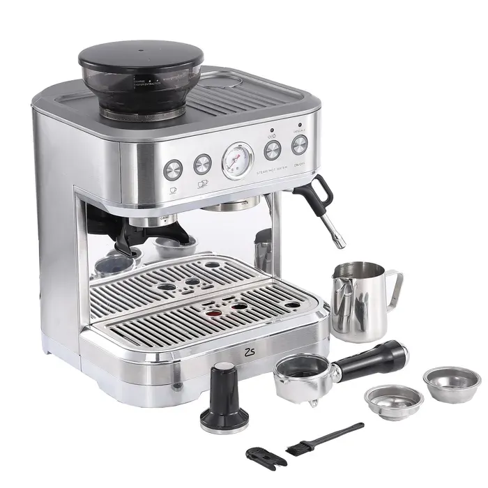 Machine à café avec broyeur intégré - 15 bars - Buse vapeur - PID - 23 L - 250 g - Inox - Café/expresso/latte