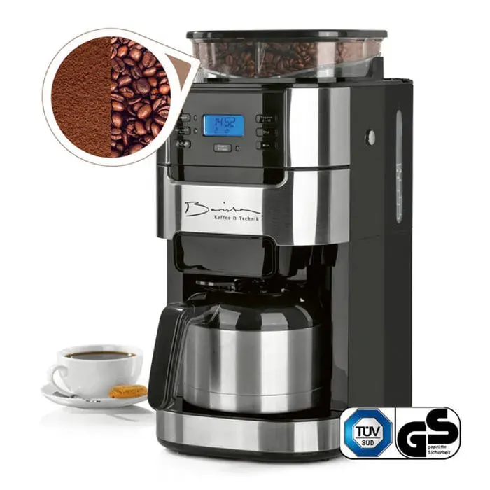 Machine à café Barista - Inox/Noir - 1000 Watt - Broyeur intégré - Verseuse isotherme - Minuterie 24h
