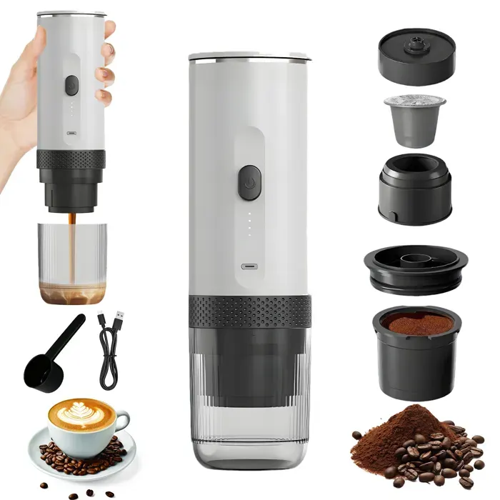 Machine à café électrique sans fil portable - 2 en 1 - 20 bar - 80ml - Rechargeable 7500 mAh - Auto Chauffage en 4 à 6 Min - Blanc