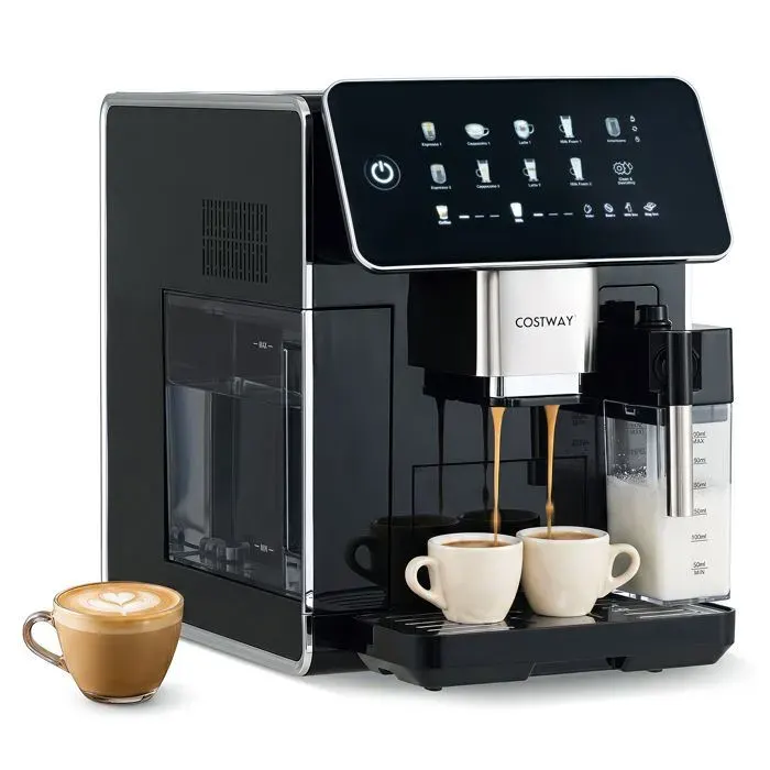 Machine à Café Expresso 15 Bar 15L COSTWAY-Buse Mousseur à Lait-Moulin 3 Niveaux Intensité15 Finesse-Écran Tactile-Auto-Nettoyage