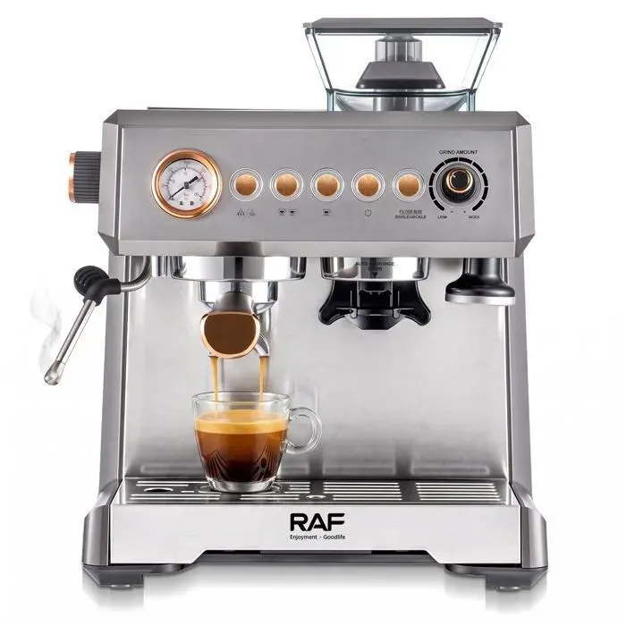 Machine à café expresso avec broyeur à grains intégré RAF R.0212 - 15 bars 1350W mousseur à lait réservoir 2.3L et double café