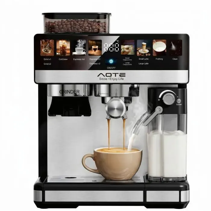 Machine à Café Expresso Broyeur AOTE AT-2902920 Bar-2.6L-Écran Tactile-Broyeur Intégré 20 Niveaux-12 Menus-Mousseur Lait Auto