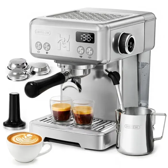 Machine a Cafe Expresso HIBREW H10 58mm Acier Inox Mousseur Lait Ecran Intelligent Reglages Personnalisables