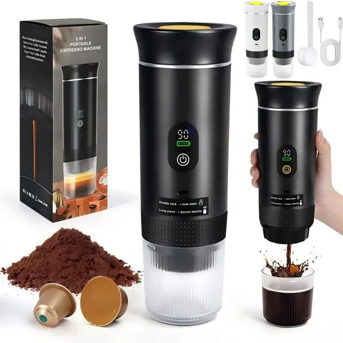 Machine à Café Portable 20 bar 3 en 1 Cafetière à Expresso Rechargeable USB Avec Cuillère Doseuse écran daffichage Noir