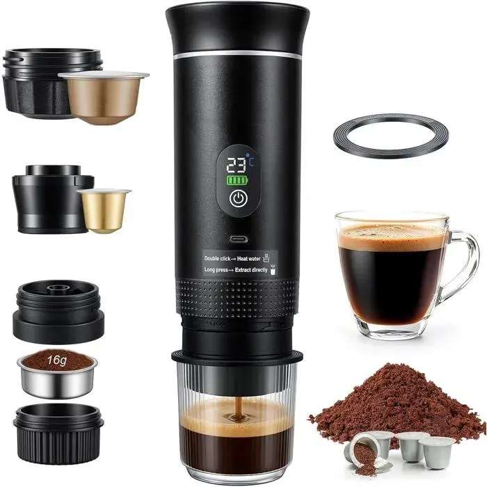 Machine à Café Portable 20 Bars 3 en 1 Rechargeable Électrique Compatible Capsules et Café Moulu pour Camping Voyage Bureau