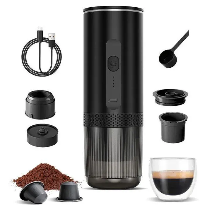 Machine à Café Portable 2en1Auto-chauffage 4 à 6 MinutesGrandes CapsulesCafé MouluNoir