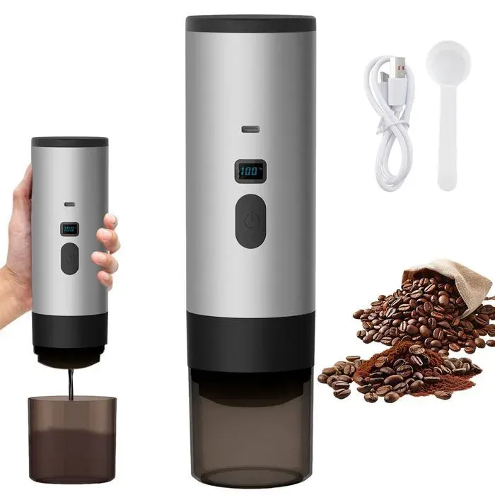 Machine à café portable 3 en 1 + 12 V petites capsules 15 bars Café moulu - Gris