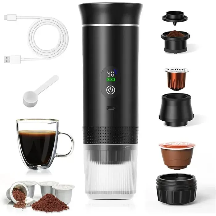 Machine À Café Portable 3 En 1 20 Bar Écran Température Chauffage Rapide 80Ml 7500mAh USB-C Capsules Et Café Moulu