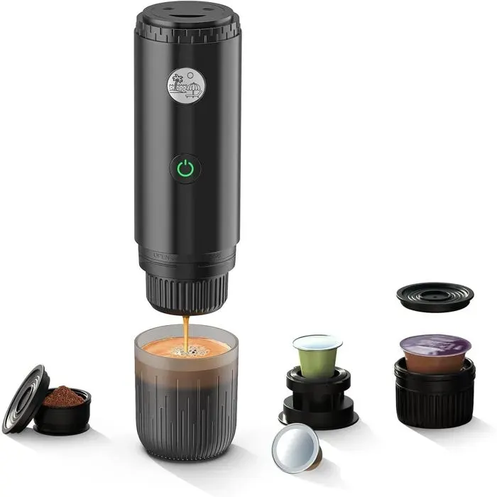 Machine à Café Portable 3 en 1 20 Bars Chauffage Automatique Compatible Capsules NS/DG et Café Moulu Camping Randonnée Maison Noir