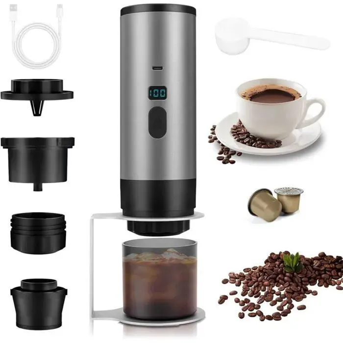 Machine à café portable 3 en 1 72W – Cafetière expresso rechargeable 12V USB – Réservoir deau 90ml