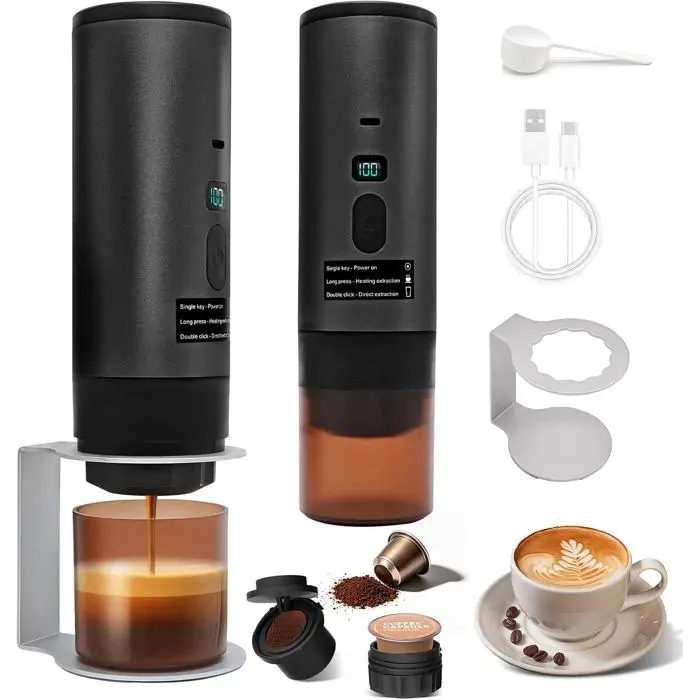 Machine à Café Portable 3 en 1 7800mAh Auto-Chauffante USB-C Compatible Capsules NS/DG et Café Moulu Sans Fil Noir