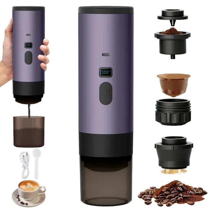 Machine à café portable 3 en 1 - 90ml - Chauffage rapide sans fil - Rechargeable 7800 mAh - Auto Chauffage en 4 à 6 Min - Violet