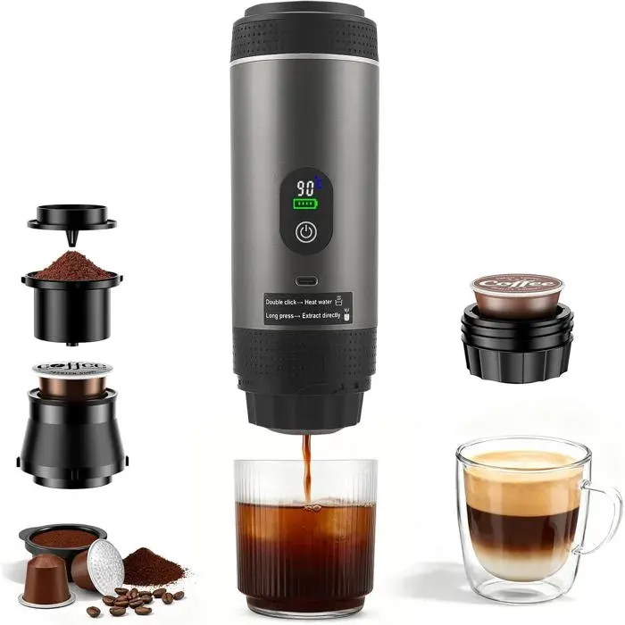 Machine à Café Portable 3 en 1 Batterie Rechargeable Auto-Chauffante USB-C Compatible Capsules et Café Moulu Camping Voyage Gris