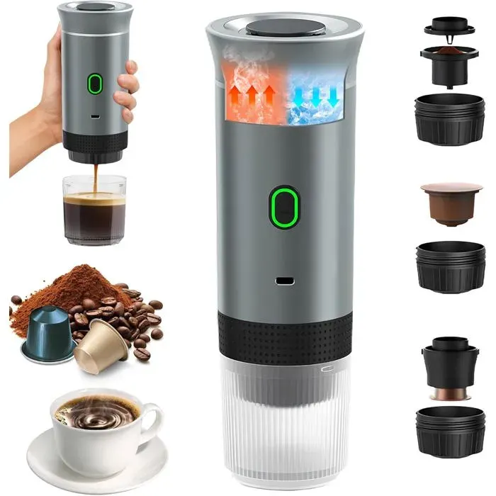 Machine à café portable 3 en 1 chauffage rapide capsules/moulu argenté Label
