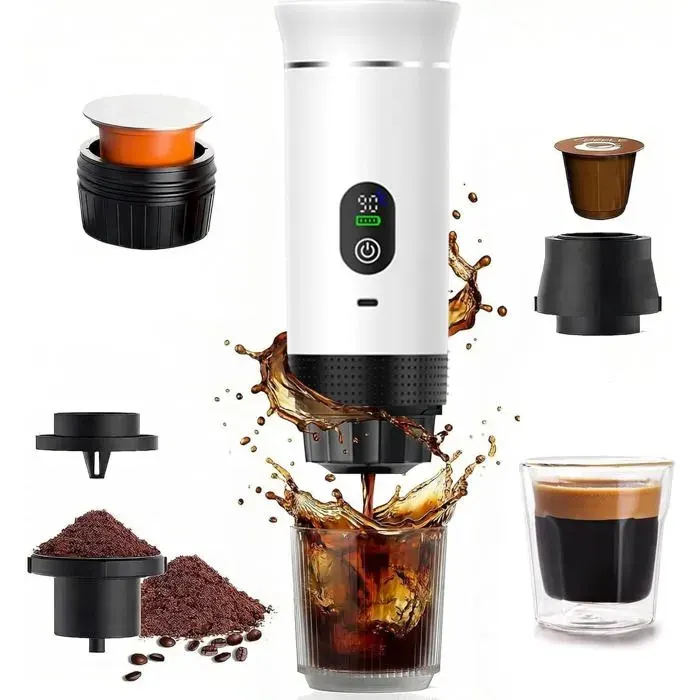 Machine à Café Portable 3 en 1 de Voyage Compatible Capsules et Café Moulu pour Camping-Car Randonnée Bureau Maison