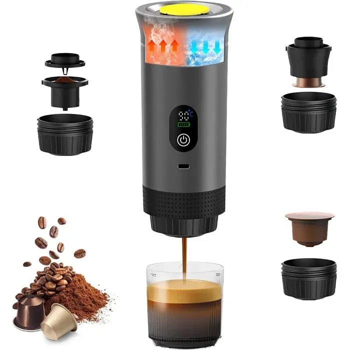 Machine à Café Portable 3 en 1 Écran Numérique Température Compatible Capsules Petites/Grandes et Café Moulu Chauffage Rapide Gris