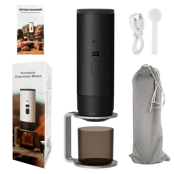 Machine à Café Portable 3 en 1 Expresso Autochauffante Compatible Capsules NS DG & Moulu Idéal Camping & Voiture et Support Noir