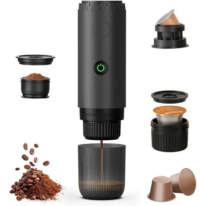 Machine à Café Portable 3 en 1 Expresso Électrique Auto-Chauffante USB-C Compatible Café Moulu Capsules DG/NS Camping Bureau Noir