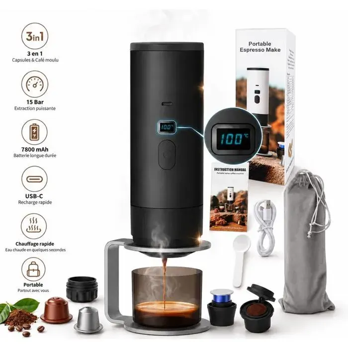 Machine à Café Portable 3-en-1 Pression 20 Bars Compatible Café Moulu et Capsules Chauffage Intégré Batterie 7800 mAh USB-C