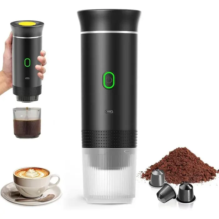 Machine à Café Portable 3 en 1 Rechargeable 12V Chauffage Électrique Compatible Capsules et Café Moulu Voyage Bureau Noir