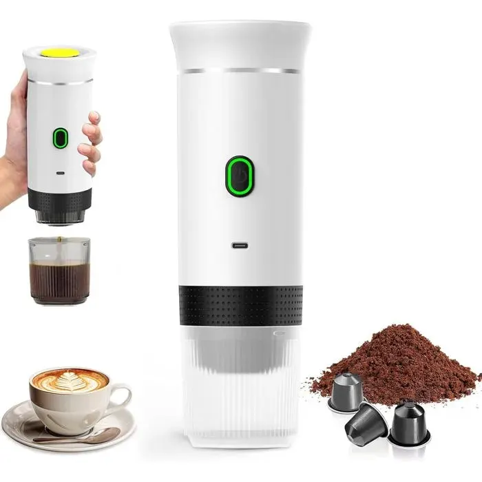Machine à Café Portable 3 en 1 Rechargeable 12V Chauffage Électrique Compatible Capsules et Café Moulu Voyage Bureau Blanc