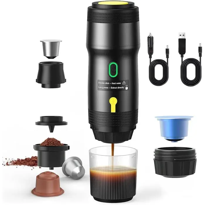 Machine à Café Portable 3 en 1 Rechargeable Chauffage Rapide USB et Voiture Compatible Capsules et Café Moulu Camping Voyage