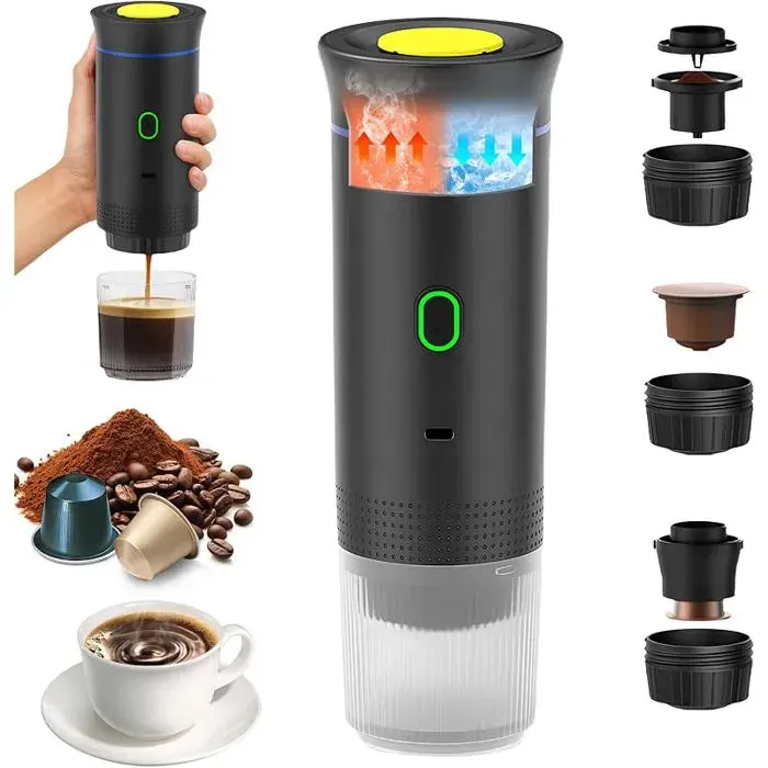 Machine à Café Portable 3 en 1Cafetière Espresso Électrique 12V pour VoitureCompatible Capsules et Café MouluNoir