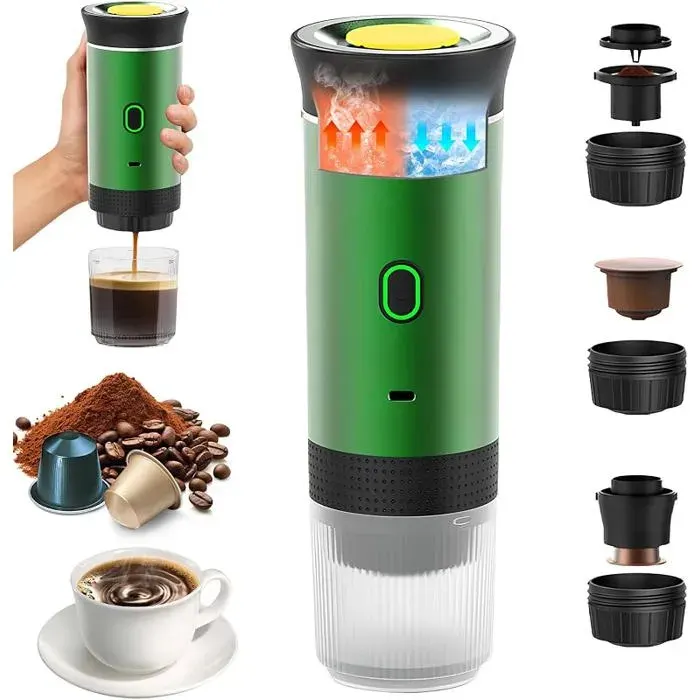Machine à Café Portable 3 en 1Cafetière Espresso Électrique 12V pour VoitureCompatible Capsules et Café MouluVert