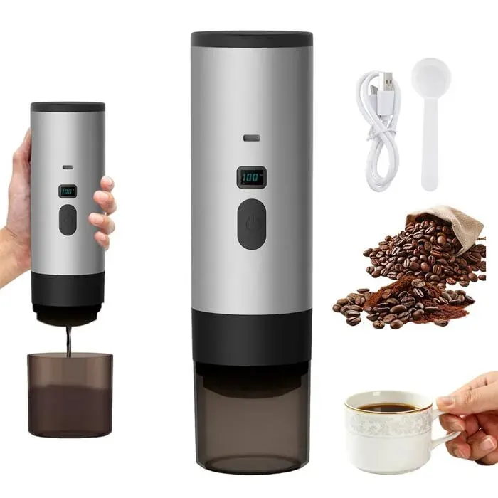 Machine à café portable avec broyeur USB-C compatible moulu/capsules gris idéale voyage/camping. Meoiruery