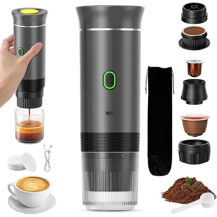 Machine à Café Portable de VoyageChauffage Rapide 3 En 1 Cafetiere Portable 12VAuto Chauffage de 4 à 6 MinutesCendre