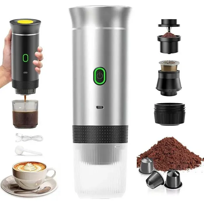Machine à Café Portable de VoyageChauffage Rapide 3 En 1 Cafetiere Portable 12VAuto Chauffage de 4 à 6 MinutesArgent