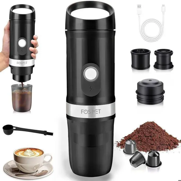Machine à Café Portable - FOSMET - 12V - 100ml - Compatible Capsules et Café Moulu - Noir