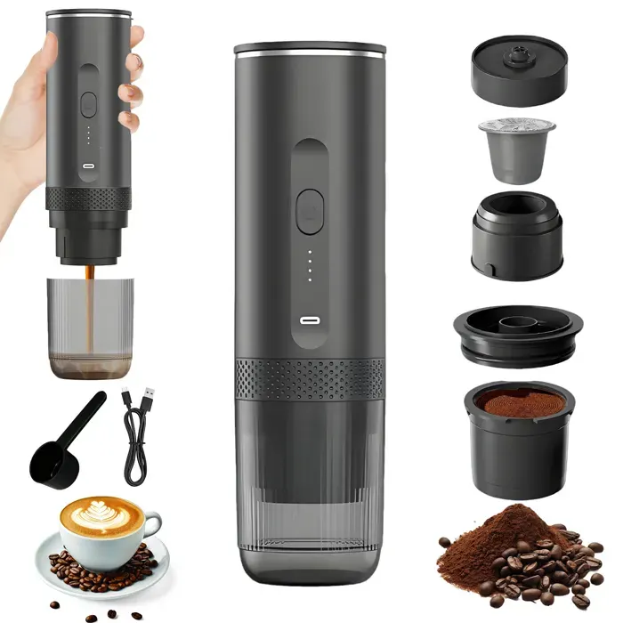 Machine à café portable Machine à café électrique sans fil 2 en 1 20bar Rechargeable 7500mAh Auto Chauffage 4 à 6 Min-80ml