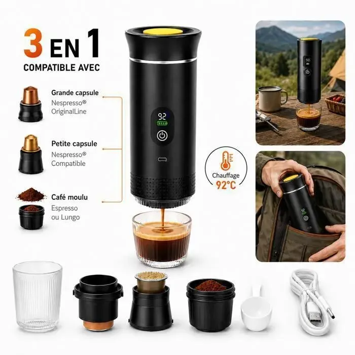 Machine à café portable rechargeable INSOUR 3 en 1 expresso 20 bars compatible capsules et café moulu USB-C