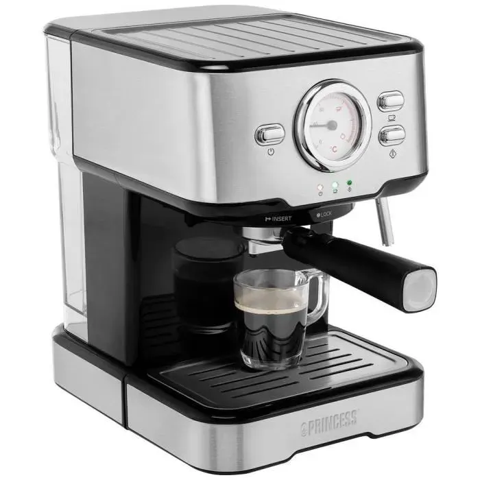 Machine à café - Princess - 249415 - Argent et noir - 20 bars - Mousseur à lait