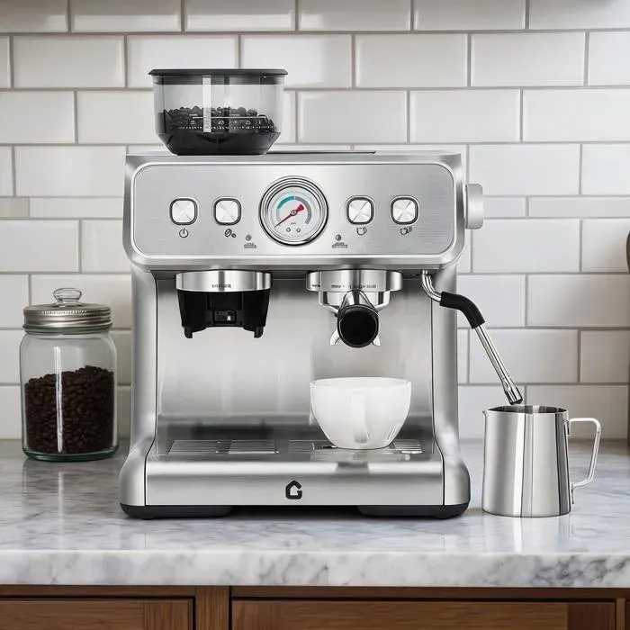 Machine à café semi-automatique en inox – Broyeur intégré 30 niveaux – Pompe 15/20 bars – Réservoir amovible 28 L
