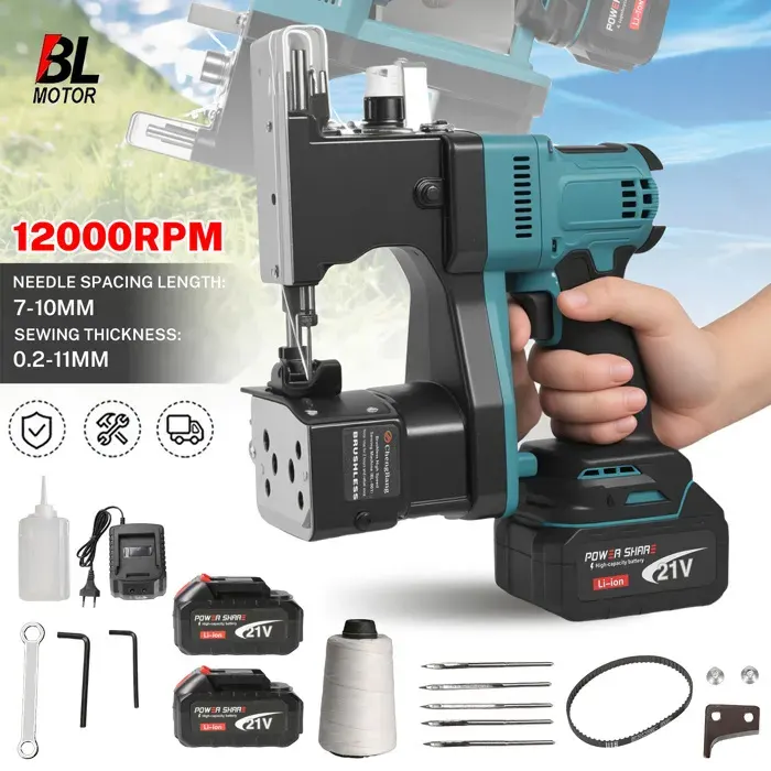 Machine à coudre sacs sans fil 12000 RPM – coupe-fil auto compatible batterie Makita 21V – Pour sacs tissés papier plastique