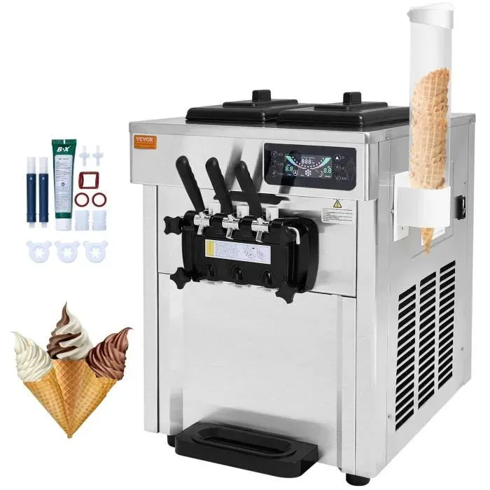 Machine à Crème Glacée Commerciale-VEVOR-18-28 L/h 3 Saveurs Machine à Glace Italienne Trémie 2x55 L-pour Yaourt Café Snack-Bar