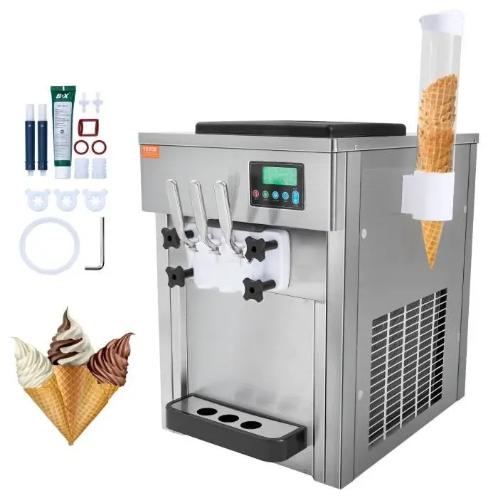 Machine à Crème Glacée Commerciale-VEVOR-20 L/h 1800 W 3 Saveurs Machine à Glace Italienne Trémie 2x4 L-pour Yaourt Snack-Bar