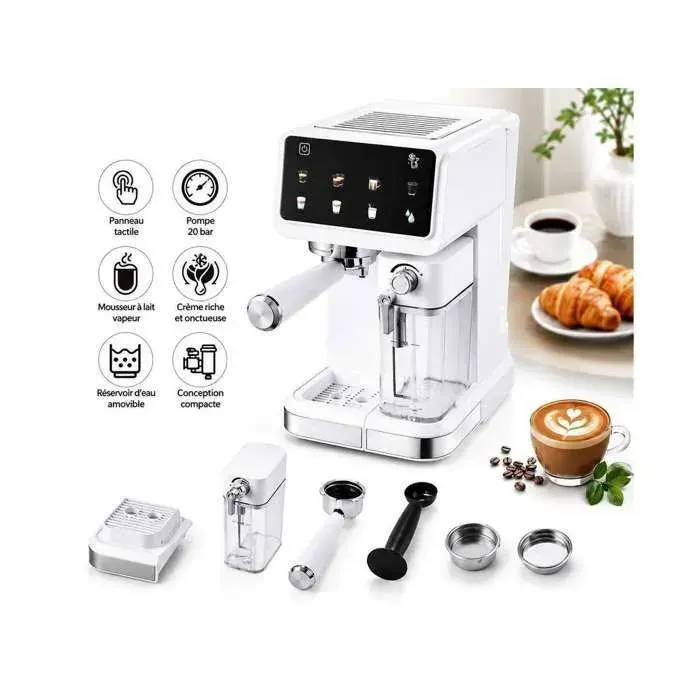 Machine à Espresso 20 Bar avec Mousseur Automatique Écran Tactile Couleur 6 Modes Extraction Chaud/Froid – Blanc